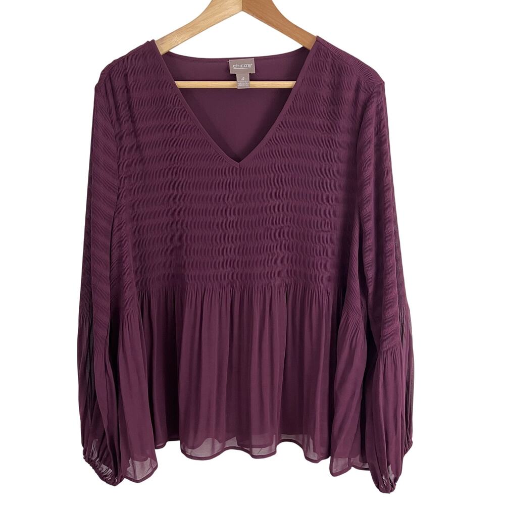 Chicos Sheer Blouse Top Women Size 3 XL Burgundy Flowy